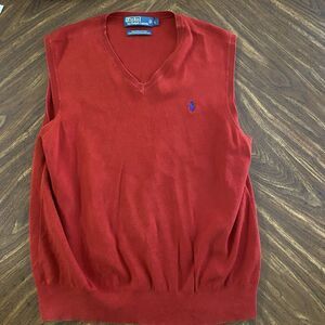Polo Ralph Lauren Sweater Vest Mens L Red V-Neck Pima Cotton Blue Pony